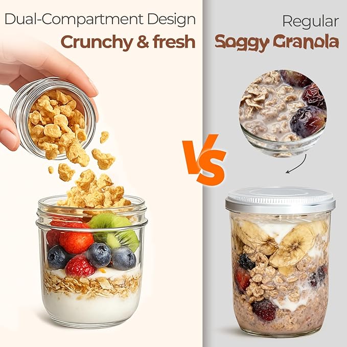 ComSaf Overnight Oats Containers with Lids (8oz+4oz, 4Pcs), Glass Yogurt Parfait Cups for Cereal Nut Fruit, Dual-Layer Chia Pudding Jars Reusable, Small Mason Jars for Salad, Meal Prep, Snack, Oatmeal