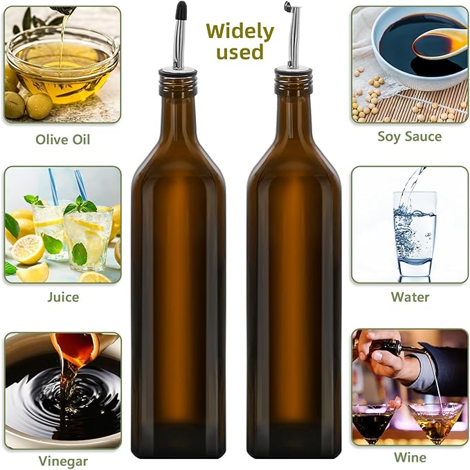 2Pcs 33 oz Olive Oil Dispenser Bottle,1000ml Glass Oil and Vinegar Dispenser Set with Pourers and Funnel ，Oil Bottles for Kitchen Large capacity oil bottles (Brown 2pcs)