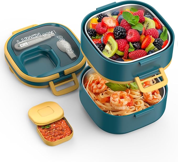 PEDECO Double-Layer Bento Lunch Box for Kids & Adults with Removable Stainless Steel Dividers,Dressing Container,BPA-Free,Dishwasher Safe