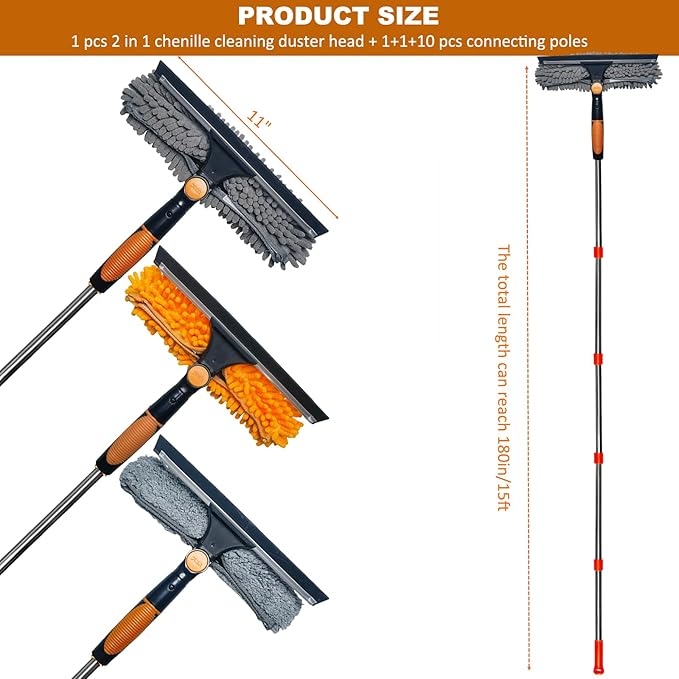 20 ft+ Reach Squeegee Window Cleaner Duster 2 in 1 Rotatable Window Cleaning Tool Kit with 3-14 ft Extension Pole