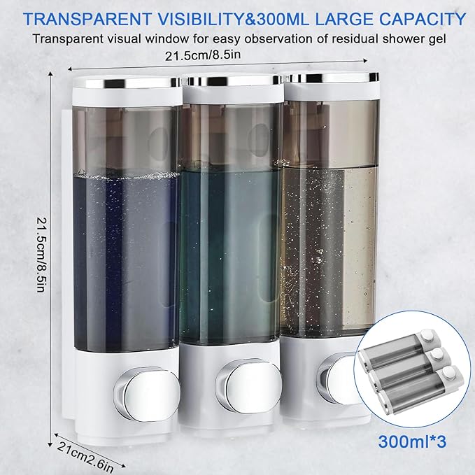 Shampoo and Conditioner Dispenser Shower Soap Dispenser Shampoo Dispenser Body Wash Dispenser for Bathroom,Large Capacity, White Silver