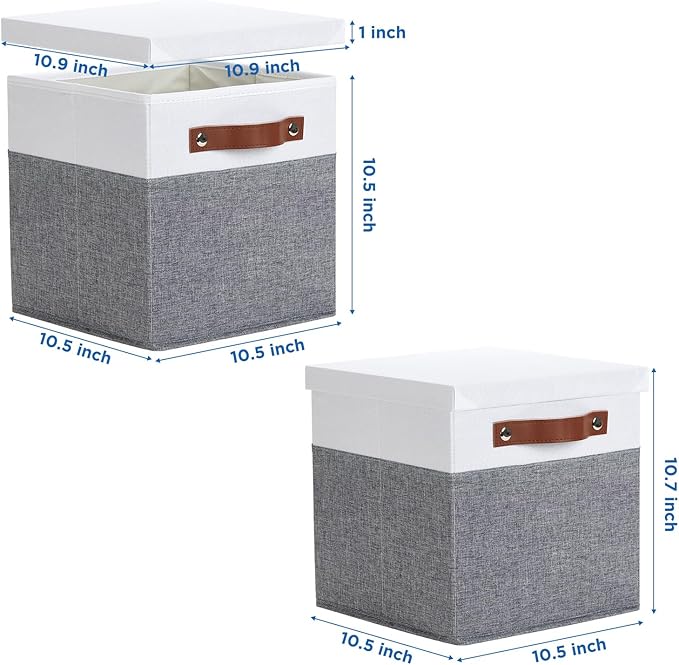 Foldable Fabric Storage Bins with Lids, White&Grey, 10.5x10.5x10.5in