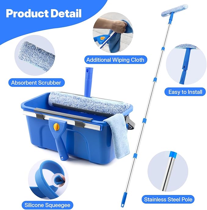 Professional Window Cleaning Kit with Bucket 3 Gallon, 76" Long Handle Window Squeegee and Microfiber Scrubber, High Windows Washing Equipment