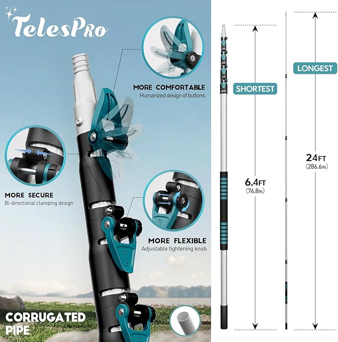 TelesPro 30ft High Reach Duster Kit - 6-24ft Extension Pole, Dusting & Window Cleaning