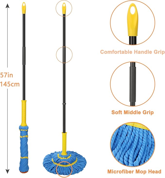 Self-Wringing Twist Mops for Floor Cleaning, Microfiber Floor mop with 57 " Long Handle, Easy Wringing Mop for Hardwood Commercial Household Clean