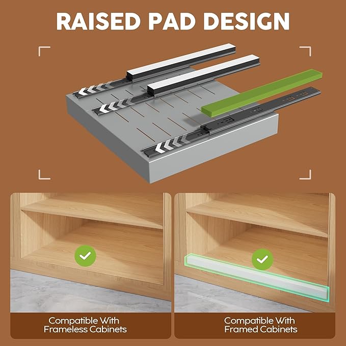 Seinloes 2Pack Expandable Pull Out Cabinet Organizer 21"Deep With Raising Pad for Framed Cabinets, Upgrade 3 Slide Rails Slide Out Drawers,Roll Out Shelves Adhesive,Adjustable Width 12.05"-20.4"Silver