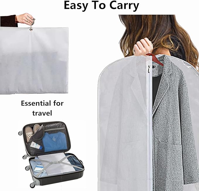 WJWSKI Clear Garment Bags for Hanging Clothes,50 Inch Waterproof Garment Bag for Travel,Clothing Cover Storage Bags with 3 Pockets for Suits,Dress,Coat, Jacket, Sweater, Shirts,Shoes & More