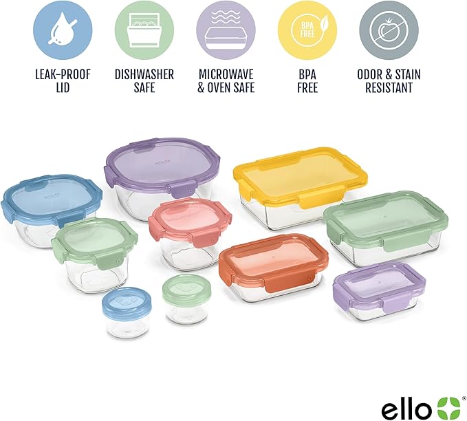 Ello Color Lock 20PC Mixed Glass Food Storage Sets, Leak-Proof Glass Food Storage Containers with Airtight BPA-Free Plastic Lids, Dishwasher