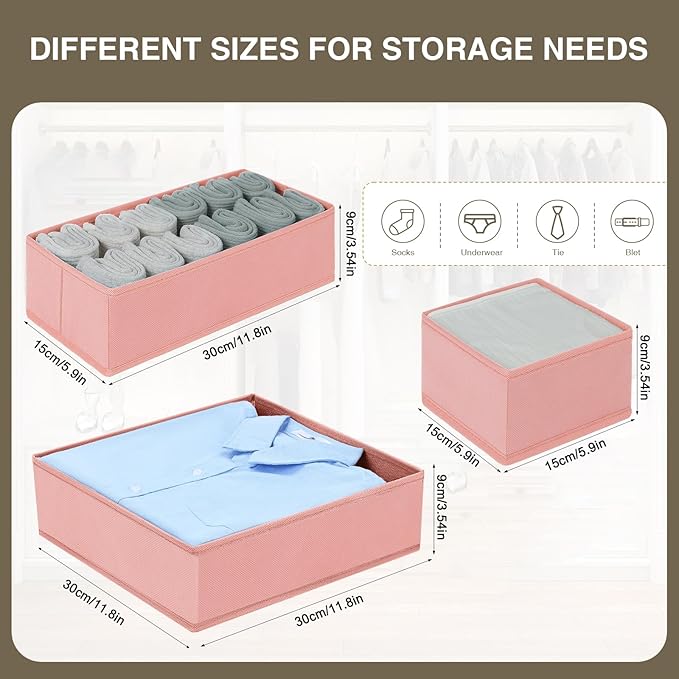 DIMJ Fabric Drawer Organizer Bins - 12 Pack Foldable Sock & Clothes Organizer - Pink