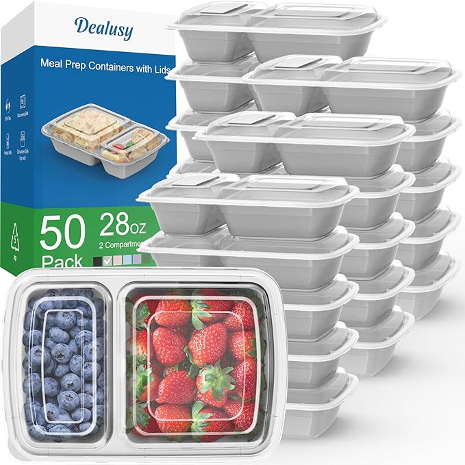 Dealusy 50 Pack (100-Piece) 28 oz Meal Prep Containers Reusable with Lids 2-Compartment, Sturdy Leakproof Food Safe, Microwave Freezer Dishwasher Safe