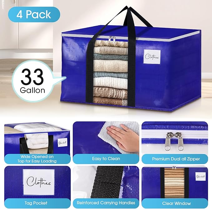 4 Pack Moving Bags with Clear Window, Blue,33 Gallon