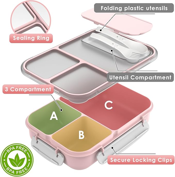 WHALEHOUSE Large Capacity Bento Box for Adult, 1700ML 3 Compartments Lunch Box with Utensil, Airtight Food Container with Lids for Meal Prep, Microwave/Dishwasher/Freezer Safe, On the Go (Pink)