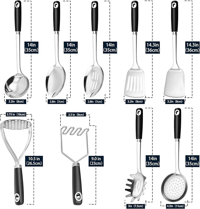 18/0 Stainless Steel Cooking Utensils Set, Heavy Duty Kitchen Utensils for Daily Use Party Wedding Housewarming, Dishwasher Safe, 9 Pieces