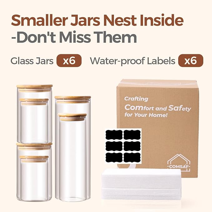 ComSaf Glass Food Storage Jars Set of 6, Clear Glass Storage Containers with Lids, Canisters Sets for the kitchen, Spaghetti, Pasta, Flour, Nuts, Oat