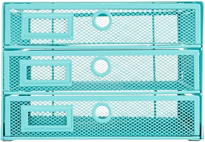 Annova Desk Organizer Wire Mesh 3 Tier Sliding Drawers Paper, Turquoise