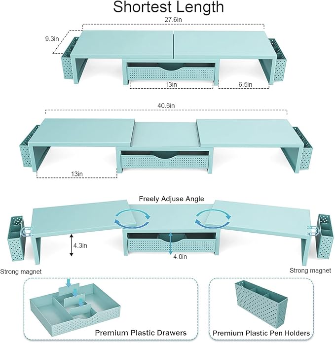 Dual Monitor Stand Riser, Desk Organizer With Drawer and 2 Pen Holders, Blue