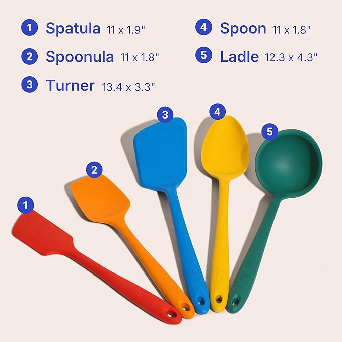 GIR 5-Piece Silicone Kitchen Utensils Set, Non-Toxic Cooking Utensils for Cooking and Baking, Heat Resistant, Food Grade, Dishwasher Safe Rubber Spatula, Ladle, Spoon - Rainbow