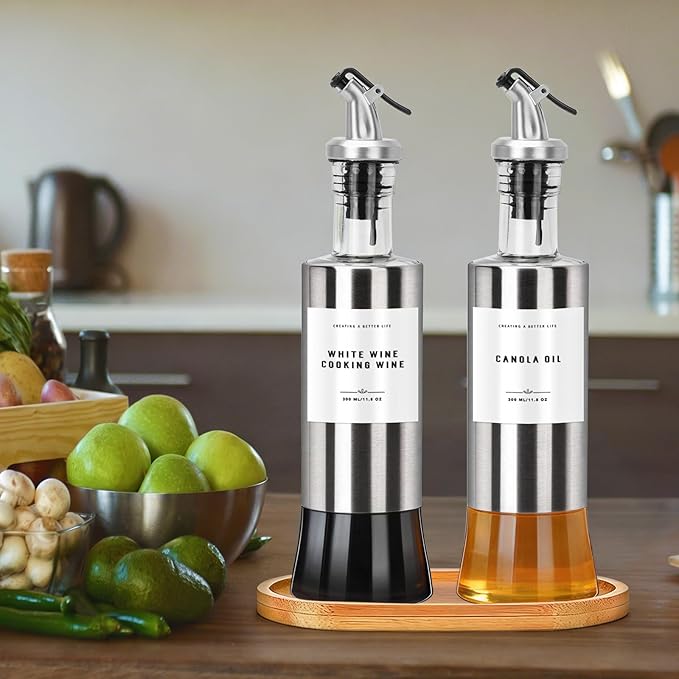Olive Oil Dispenser Bottles for Kitchen with Bamboo Tray, Oil and Vinegar Dispenser Set, Stainless Steel Glass Dispensers for Kitchen, Dispenser Bottle of 300ml - Set of 2
