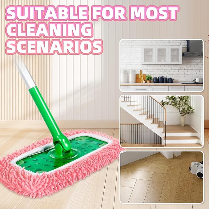 4 Pack Reusable Mop Pads Compatible with Swiffer Sweeper, Microfiber Chenille Washable Swiffer Mop Pads, Dry & Wet Sweeping Mopping Cloths (Pink)