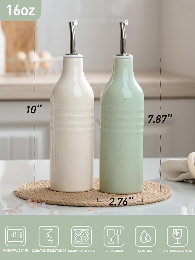 famiware Jupiter 16oz Ceramic Olive Oil Dispenser Bottle, Olive Oil and Vinegar Dispenser Bottle Set of 2 with Stainless Steel Pourers, Suitable for Storage Vinegar, Vanilla White & Light Green