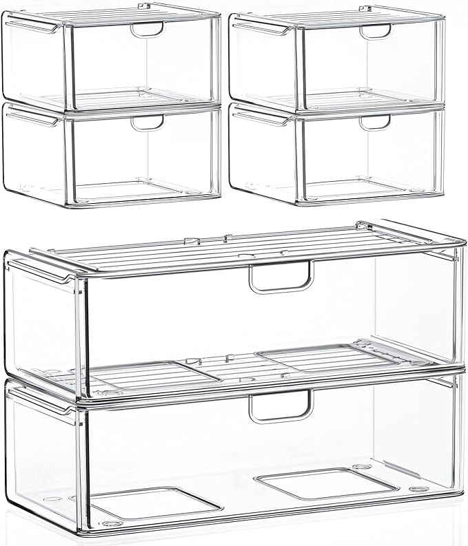 caktraie Acrylic Storage Drawers Set of 6, Clear Makeup Organizer, Plastic Organizer Bins for Beauty Supplies,Ideal for Vanity, Bathroom,Cabinet,Pantry Organization