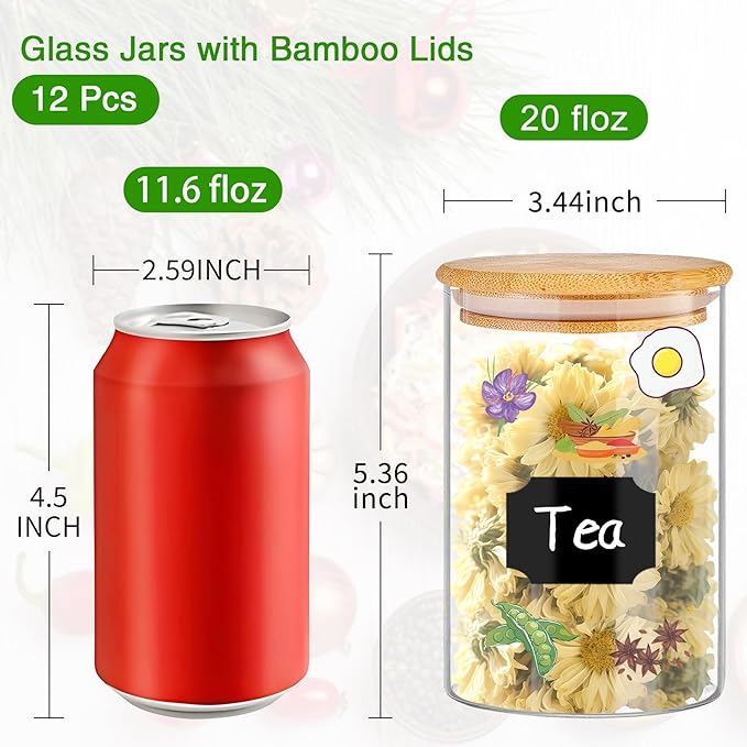BGraceyy Glass Jars with Bamboo Lids 20 oz, 12 Pcs Stackable Kitchen Glass Pantry Storage Containers with Airtight Bamboo Lids for Rice, Candy, Sugar