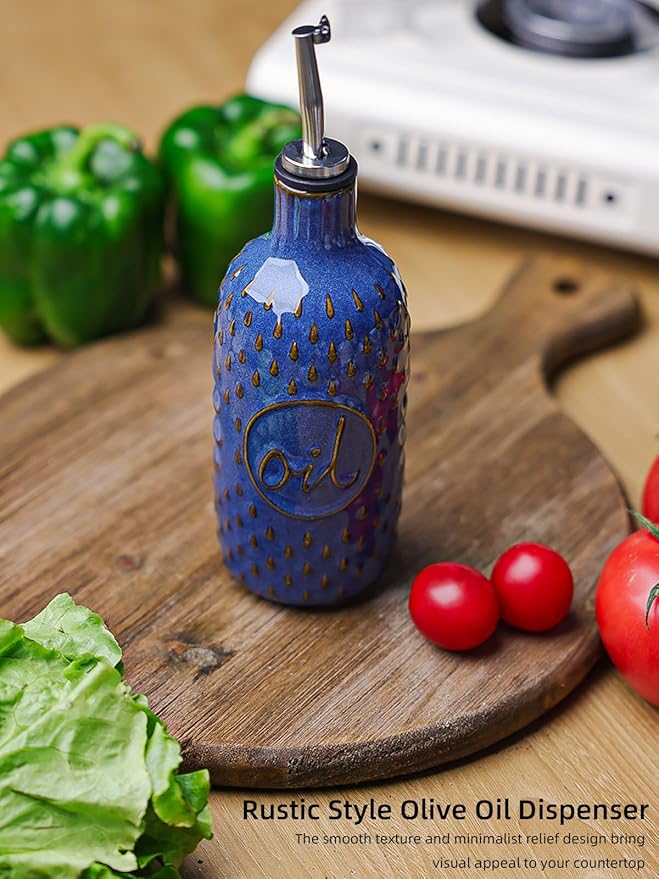 GDCZ Ceramic Olive Oil Dispenser Bottle, 13 Oz Relief Opaque Oil Cruet, Oil Dispenser for Kitchen Counter, for Storage Oil, Vinegar, Soy Sauce, Coffee Syrup, Liquids (Blue)