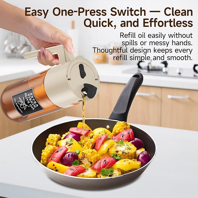 500ml Beige Glass Oil Sprayer, Fine Mist Spray Bottle for Baking, Salad, Air Fryer, Light Cooking, Refillable 2-in-1 Oil Dispenser