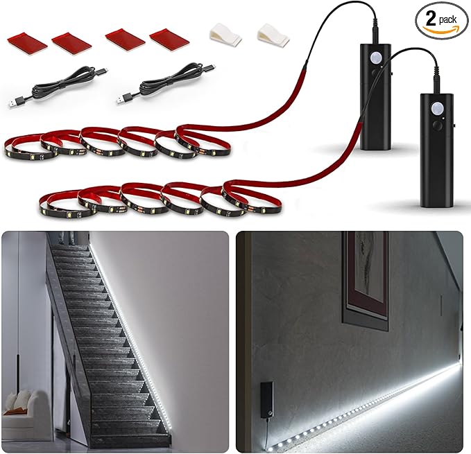 WOBANE Motion Sensor Closet Strip Lights, Rechargeable Motion Activated Light, Battery Powered 6.56ft LED Strip, 60 LEDs Homelife Bar for Wardrobe,Stair,Pantry,Counter,Cabinet,Bed,6000K White,Black