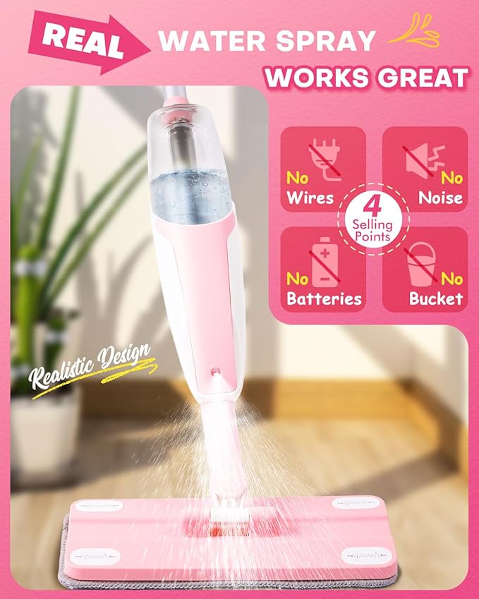 Pink Mini Spray Mop for Toddler-Girls Montessori Cleaning Toy that Real Spray Water,Pretend Playhouse Essentials for Girls Ages 3-8,Toddler Educational Housekeeping Set