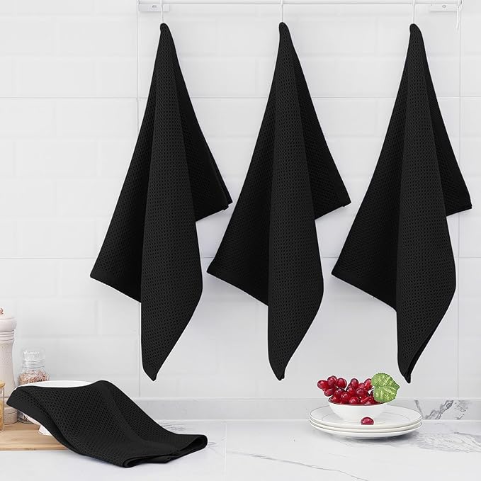 Homaxy 100% Cotton Oversized Waffle Weave Kitchen Dish Towels, Ultra Soft Absorbent Quick Drying Cleaning Towel, 20 x 28 Inches, 8-Pack, Black