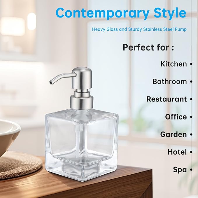 Hand Soap Dispenser Square with Brushed Nickel Pump, 8.4 oz Liquid Clear Glass Soap Dispenser with Stainless Steel Pump for Dish Soap Bathroom Kitchen Vanity Countertop