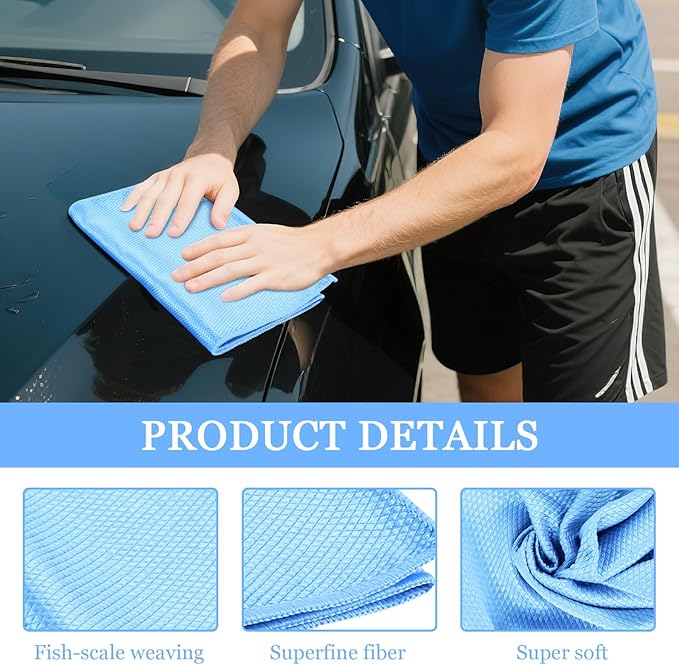 6PCS Microfiber Glass Cleaning Cloth, 12"×24" Fish Scale Cloth for Car Glass & Window Cleaning, Lint-Free Streak-Free, Multi-Purpose Mirror Washing Towels, Car Cleaning Supplies (Sky Blue)