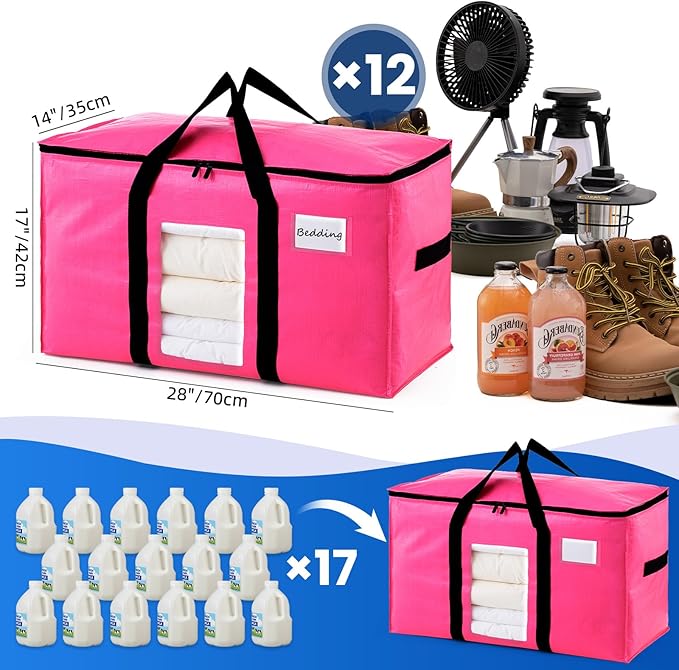 12 Pack Pink Extra Large Moving Bags, Heavy Duty Totes with Visible Window