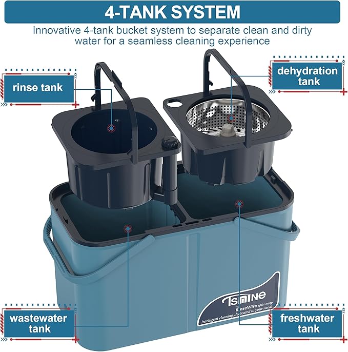 Gen 1 Large-Capacity Spin Mop and Bucket – for Big Homes & Deep Cleaning Days,4-Chamber System Separates Dirty & Clean Water, 2-GAL Heavy-Duty Design with Wheels & 10 Refill Mop Heads - Blue/Grey