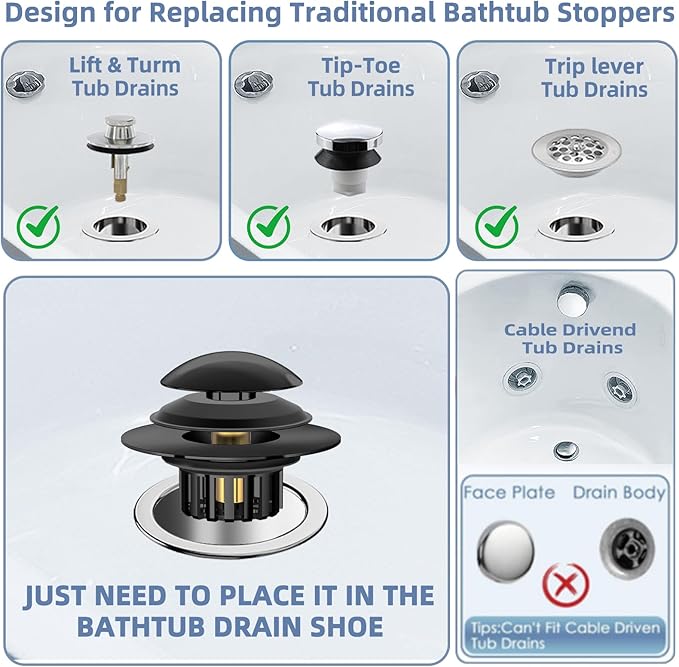 2 in 1 Tub Stopper Bathtub Drain Hair Catcher with Dual Filtration Design, Anti-Clogging Bathtub Drain Plug Bath Tub Stoppers for 1.45-1.8" Drain Shoe