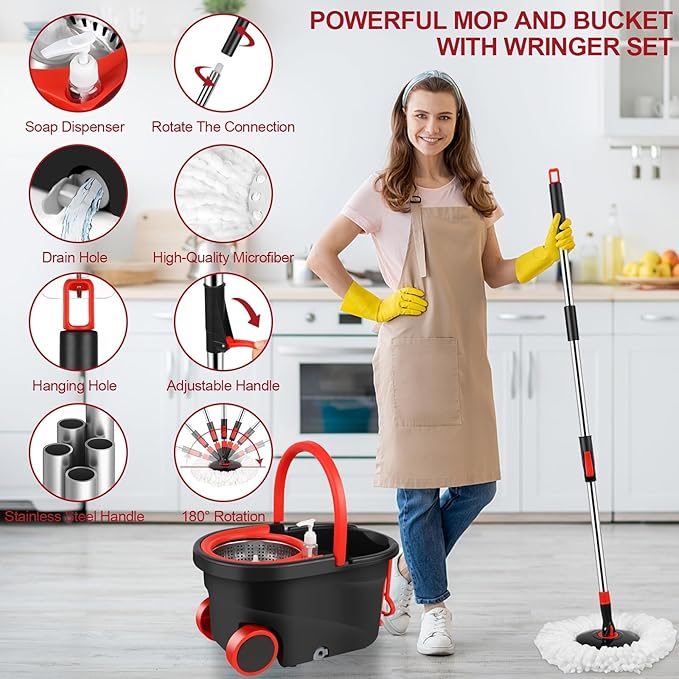 360° Spin Mop and Bucket System with Wringer - 61" Stainless Steel Handle & 3 Microfiber Refills, Self-Cleaning Floor Mop for Tile, Hardwood, Laminate Floors
