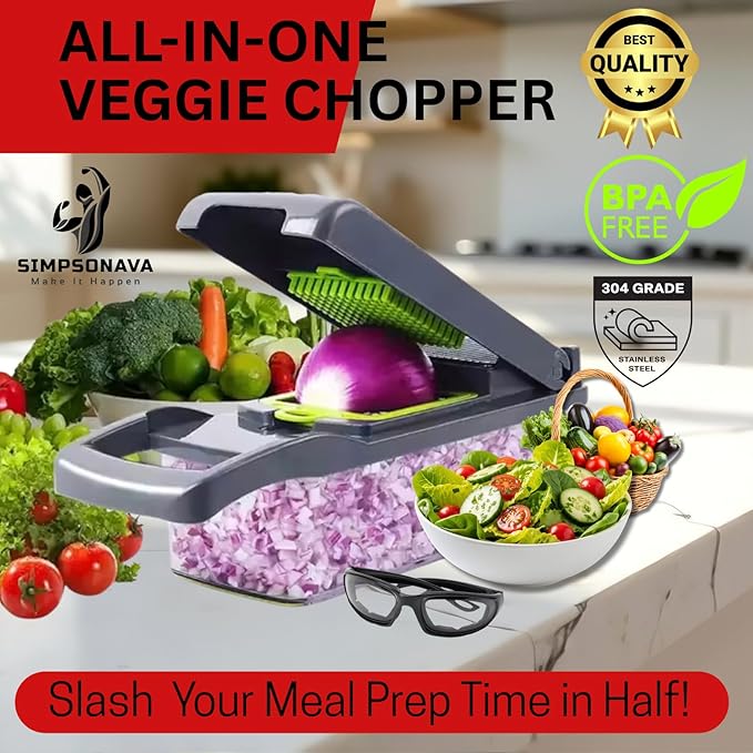 17 in 1 Vegetable Chopper Mandoline Slicer – All In One Veggie Cutter Food Grater Includes Onion Goggles, Egg Separator, Hand Guard – Sharp Stainless Steel Blades – 2 in 1 Drain Basket