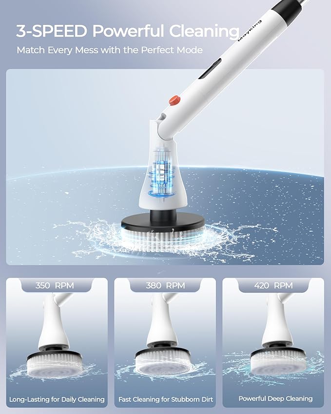 MayKing Electric Spin Scrubber with 9 Brush Heads, 3-Angle & 4-Length Adjustable Cordless Power Scrubber, 3-Speed & Battery LED Display, Electric Scrubber for Cleaning Bathroom Bathtub Floor Tiles