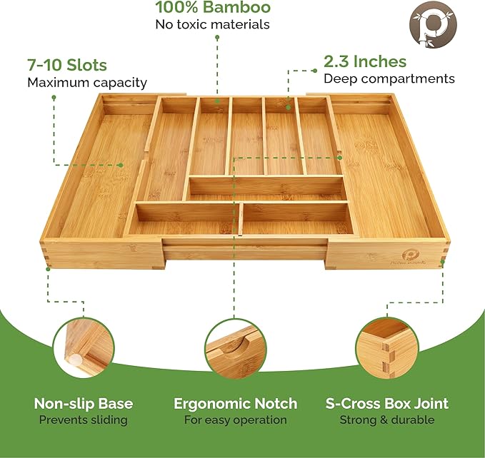 Pristine Bamboo Silverware Organizer, Silverware Tray for Drawer
