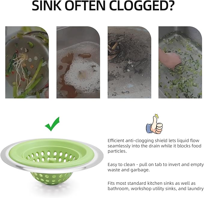 Silicone Strainer for Kitchen Sink, 2 Pack, Stainless Steel Reinforced, Basket Strainer, Drain Cover, Food Catcher, Debris Trap