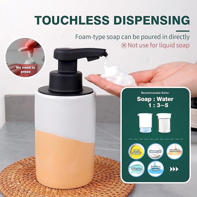 BosilunLife Automatic Soap Dispenser Ceramic Hand Free Soap Dispenser with Waterproof Pump Rechargeable Smart Electric Soap Lotion Dispenser Touchless for Kitchen Bathroom (White-Orange, Foam Pump)