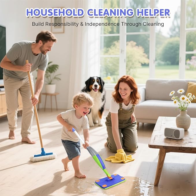 Kids Spray Mop that Really Works,Pretend Play Toddler Cleaning Set,Montessori Toys Cleaning Set for Ages 4-8, Water Sprayer & Scraper & 2 Washable Mop Pads, Housekeeping Toys Gifts for Kids Toddlers