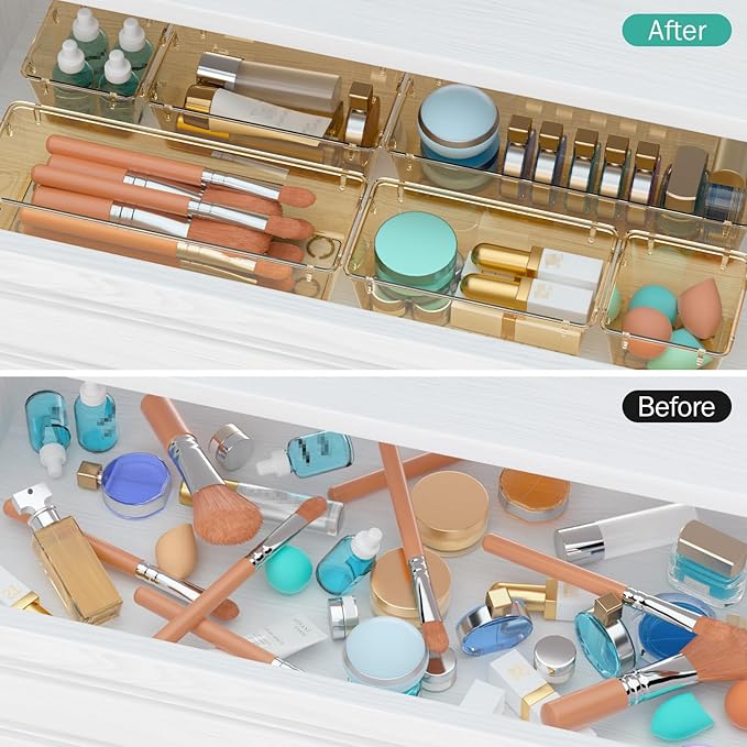WOWBOX 6 Pack Clear Drawer Organizer Set, Acrylic Drawer Storage Trays, Storage Bins for Makeup, Cosmetics, Jewelries, Utensils, Gadgets, Office, Champagne