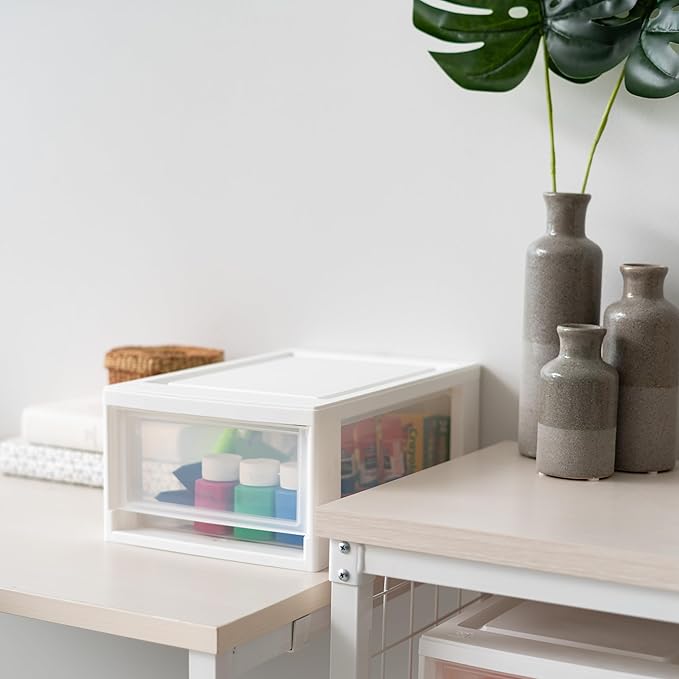 IRIS USA 6 Qt. Plastic Drawer Storage Organizer Stacking Drawers, 2-Pack, Stackable Unit with Sliding Drawer for Bedroom Kitchen Under Sink Pantry Craft Room Bathroom Dorm Office, White