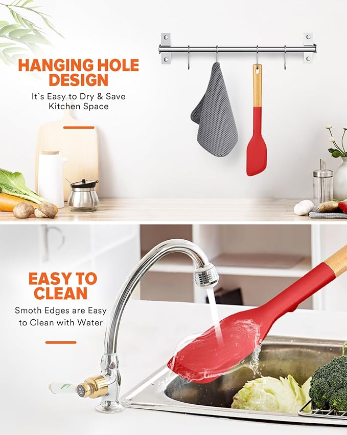 Silicone Everyday Spatula, Great For Stirring, Mixing And Scraping, Sturdy Bpa-Free Matte Silicone, Wooden Handle Rubber Scraper For Nonstick Cookwares (RED)