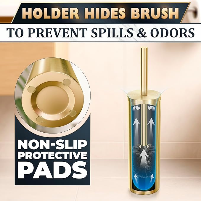 Gold Toilet Brush and Holder Set - Brushed Stainless Steel Gold Toilet Bowl Brush and Holder with Replacable Head, Removable Inner Bowl, and Splash Protection - Dense Bristles for Through Cleaning