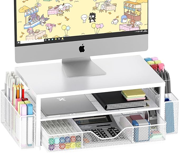 OPNICE Desk Organizers and Accessories, 2-Tier Computer Monitor Stand Riser with Drawer and 2 Pen Holders, Laptop Stand