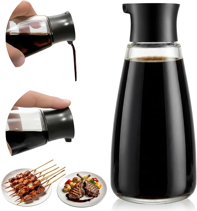 Chef’s Precision Pour Glass Oil & Vinegar Cruet, 9.6oz Kitchen Glass Soy Sauce Dispenser Bottle with Dripless Spout & Vacuum Pouring for Olive Oil, Soy Sauce, BBQ - for Countertop, Cooking, Gifting