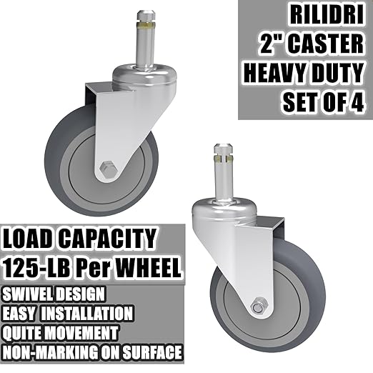 RILIDRI 2-Inch Swivel Stem Caster, 7/16-Inch Stem Diameter Rubber Wheel, Thermoplastic Rubber TPR Replacement Wheels for Weber Grill Shop Vac - 4 Pack